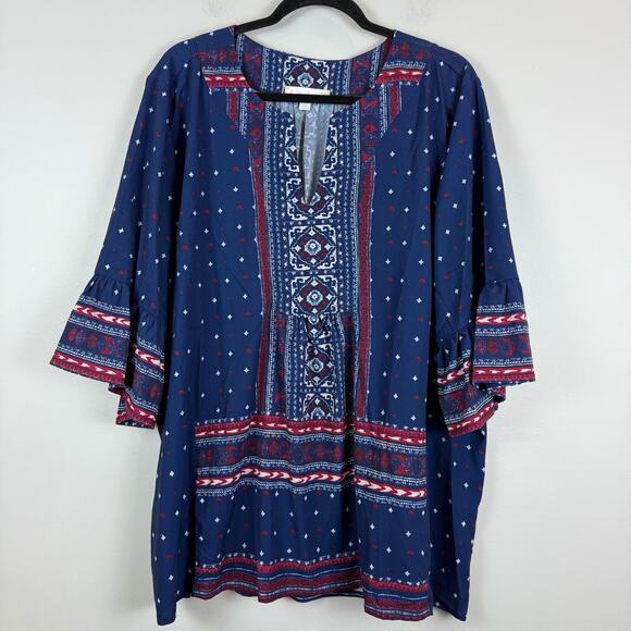 Weekend Suzanne Betro Top Women 3X Blue Printed Split Neck Bell Sleeve Tunic Art - Picture 1 of 8